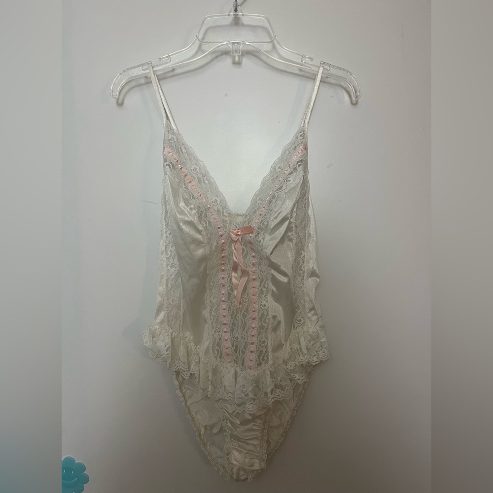 Made in the USA 100% Nylon Lace Trim Satin Bodysuit - Cream and Pink